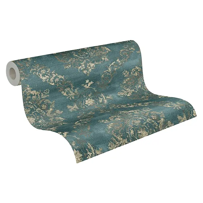 AS Creation Vliestapete Damask - Blau/Gold, 10,05 x 0,53 m - Diagonale Ansicht