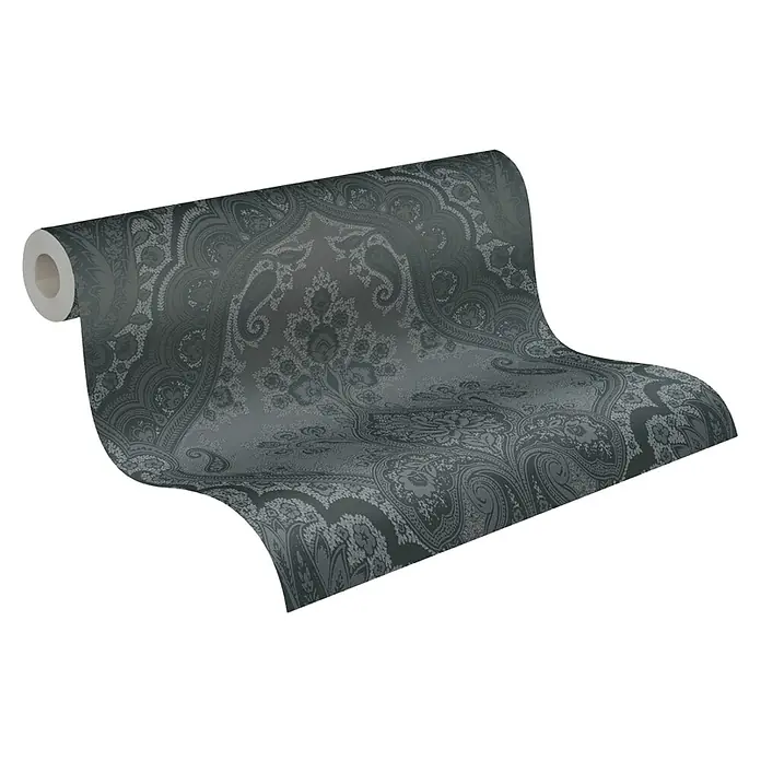 AS Creation Vliestapete Paisley Damask - Schwarz, 10,05 x 0,53 m - Diagonale Ansicht