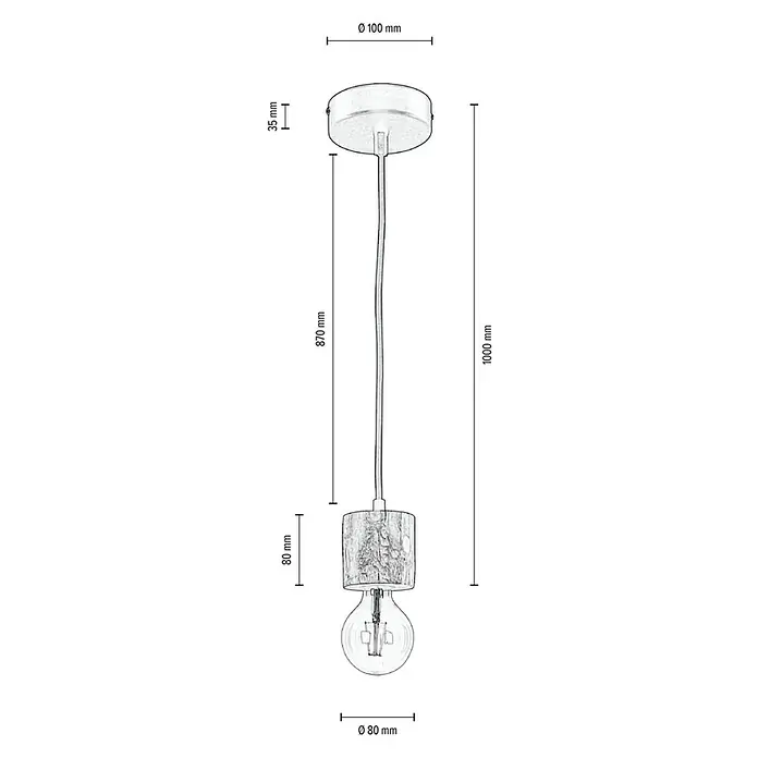 Spotlight Pendelleuchte rund Bosco - 60 W, Ø x H: 100 mm x 100 cm, Gebeizte Kiefer, E27 - Skizze
