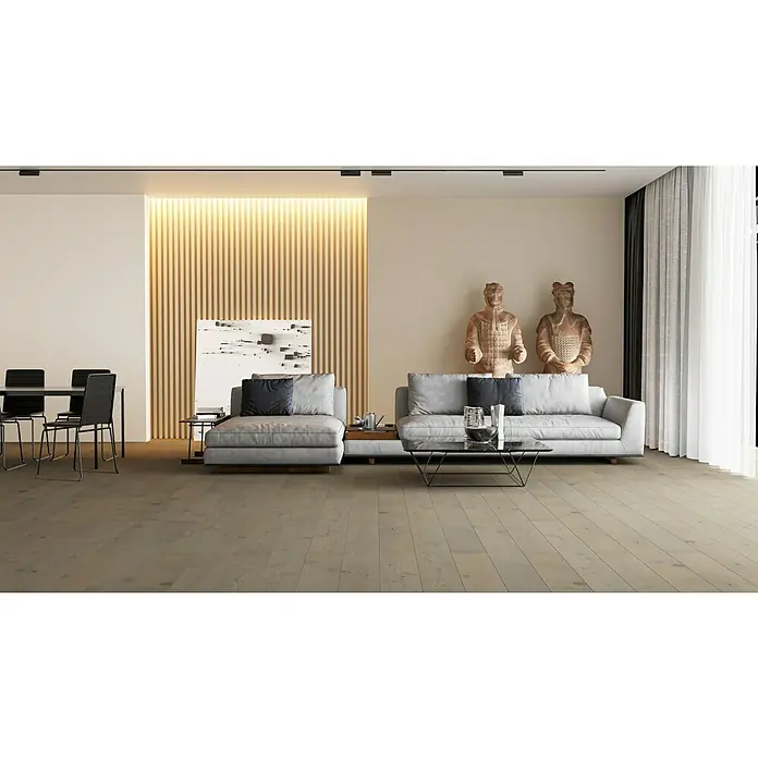 Parquet large roble gris tierra - 1.200 x 145 x 14 mm, Efecto madera - Foto ambiente
