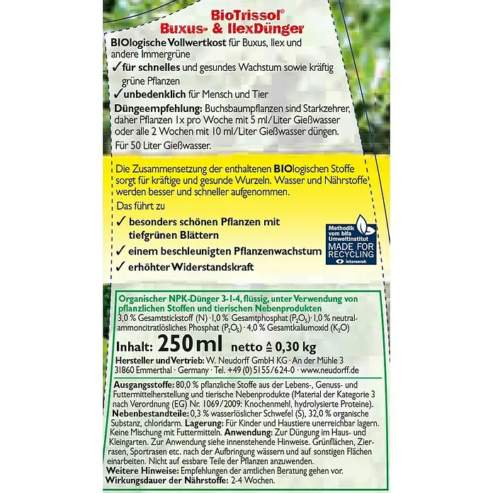 Neudorff BioTrissol Buxusdünger - 250 ml, Inhalt ausreichend für ca.: 50 l - Detailaufnahme
