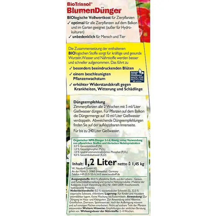Neudorff BioTrissol Blumendünger - 1,2 l, Inhalt ausreichend für ca.: 240 l - Detailaufnahme