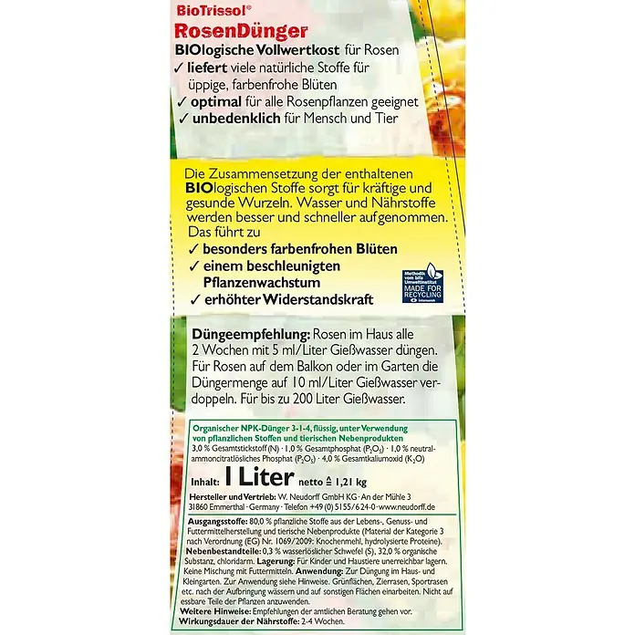 Neudorff BioTrissol Rosendünger - 1 l, Inhalt ausreichend für ca.: 200 l - Detailaufnahme