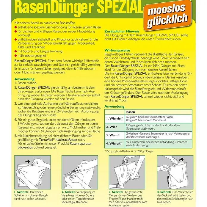 Neudorff Rasendünger Spezial Mooslos Glücklich - 5 kg - Detailaufnahme