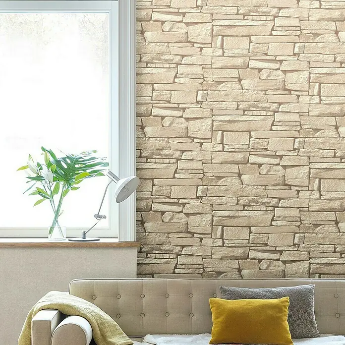 Papel pintado Piedra - Beige, Efecto piedra, 10 x 0,53 m - Foto ambiente