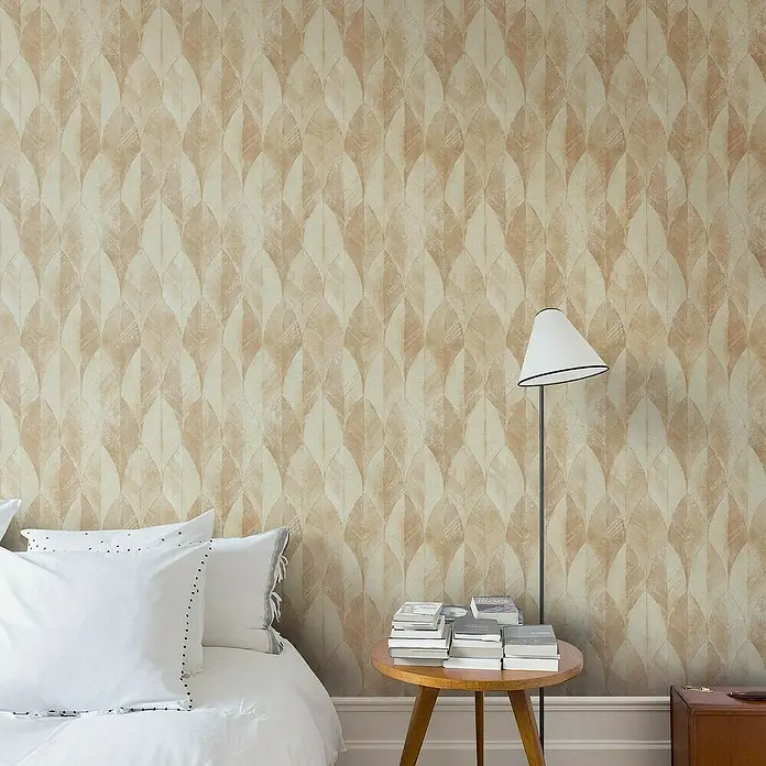 Papel pintado Geométrico Hojas - Beige, Motivo decorativo, 10 x 0,53 m - Foto ambiente