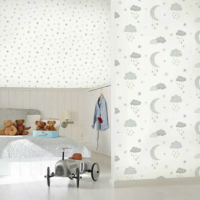 Papel pintado Estrellas fondeo - Blanco, Motivo decorativo, 10 x 0,53 m - Foto ambiente