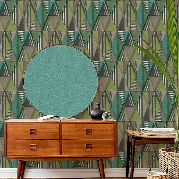 Papel pintado Geométrico Triángulos - Verde, Motivo decorativo, 10 x 0,53 m - Foto ambiente
