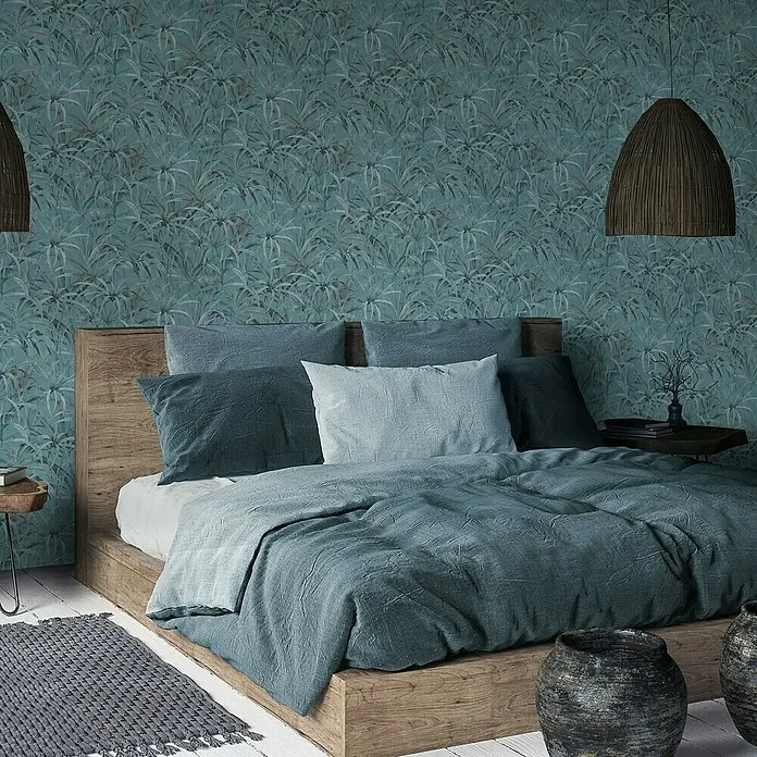 Papel pintado Vegetal con Hojas - Turquesa, Motivo decorativo, 10 x 0,53 m - Foto ambiente
