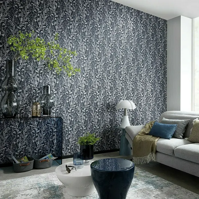 Papel pintado Vegetal - Azul, Motivo decorativo, 10 x 0,53 m - Foto ambiente