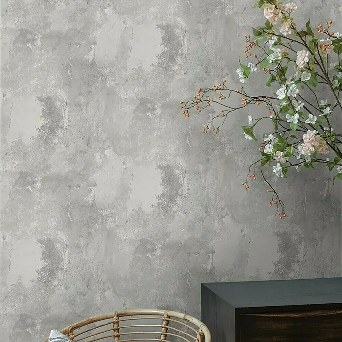 Papel pintado Cemento Liso - Gris, Aspecto de hormigón, 10 x 0,53 m - Foto ambiente