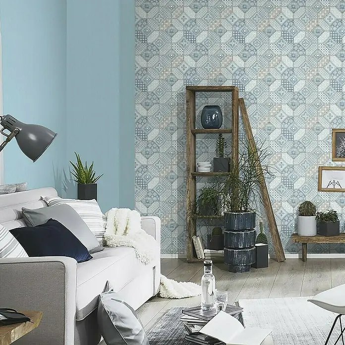 Papel pintado Hidráulico - Azul, Efecto de baldosa, 10 x 0,53 m - Foto ambiente