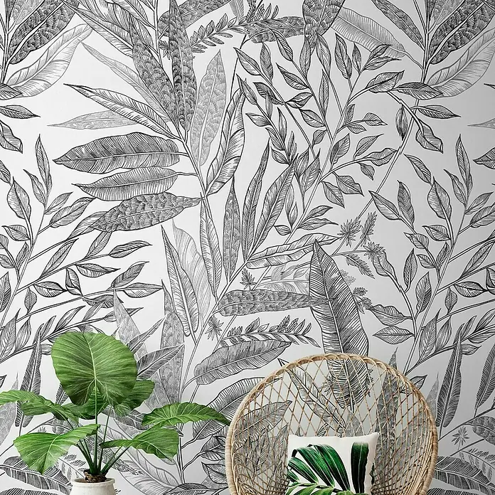 Papel pintado Mural Botánico - Blanco/Negro, Motivo decorativo, 10 x 0,53 m - Foto ambiente