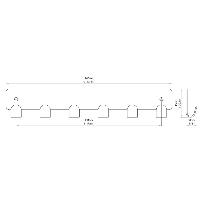 Siro Garderobenleiste 1603-240ZN1 - L x B x H: 240 x 41 x 16 mm, Anzahl Haken: 6 Stk., Verchromt poliert - Skizze