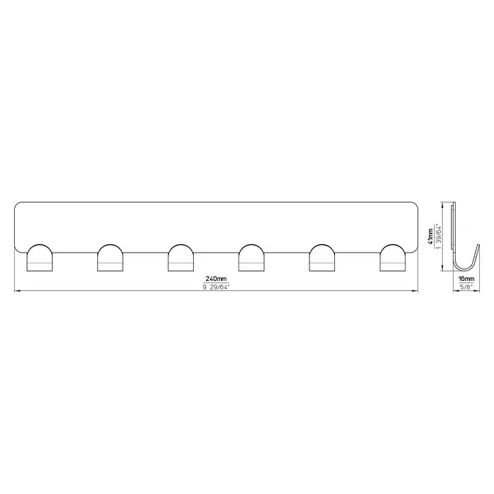 Siro Garderobenleiste 2178-240ZN1KV1S - L x B x H: 240 x 41 x 16 mm, Anzahl Haken: 6 Stk., Silber - Skizze
