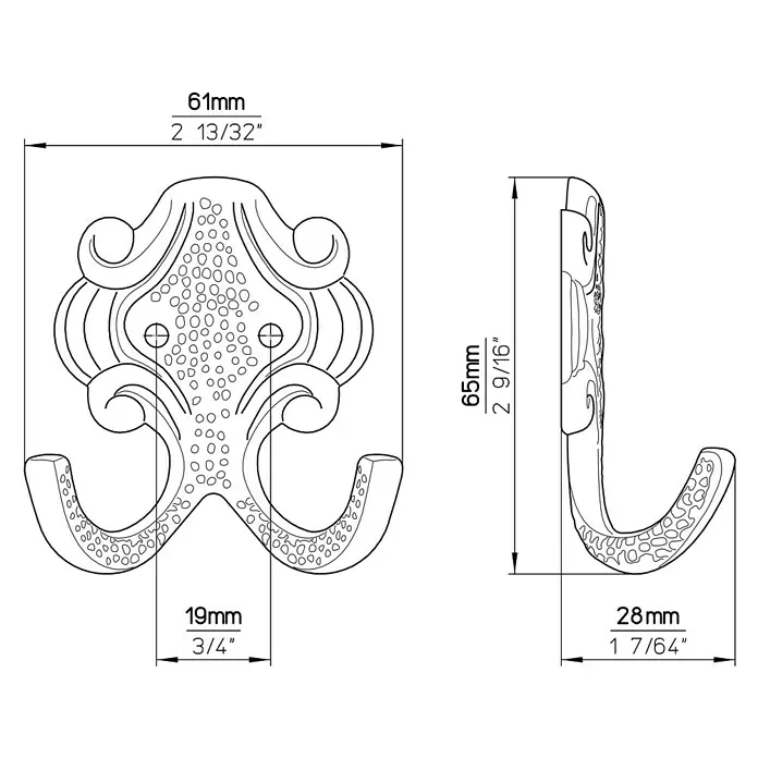 Siro Garderobenhaken 431/ZN8 - L x B x H: 61 x 65 x 28 mm, Anzahl Haken: 1 Stk., Eisen - Antik - Skizze