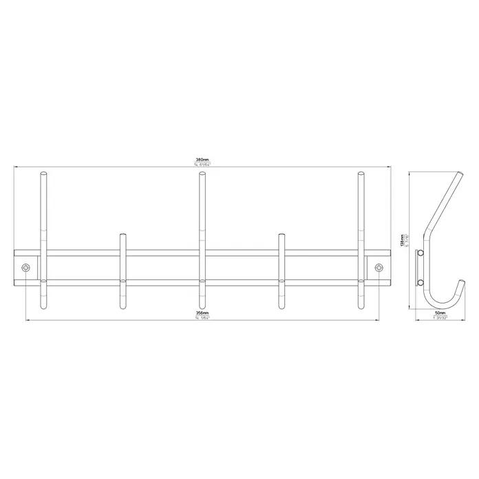 Siro Garderobenleiste - L x B x H: 380 x 150 x 50 mm, Anzahl Haken: 5 Stk. - Skizze