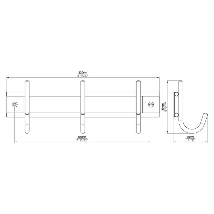 Siro Garderobenleiste  220N1V1E - L x B x H: 220 x 80 x 50 mm, Anzahl Haken: 3 Stk., Silber - Skizze