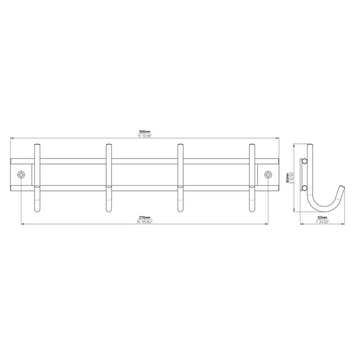 Siro Garderobenleiste 300N1V1E - L x B x H: 300 x 80 x 50 mm, Anzahl Haken: 4 Stk. - Skizze