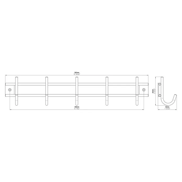 Siro Garderobenleiste 380N1V1E - L x B x H: 380 x 80 x 50 mm, Anzahl Haken: 5 Stk. - Skizze