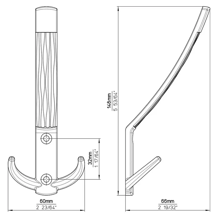 Siro Garderobenhaken 2213/ZN29 - L x B x H: 60 x 148 x 66 mm, Anzahl Haken: 1 Stk., Silber - Skizze