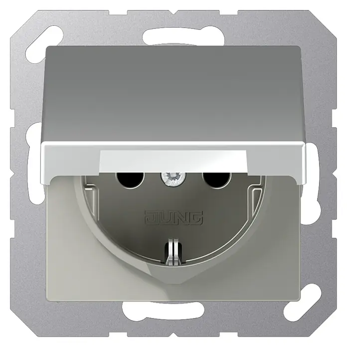 Jung Klappdeckelsteckdose - Aluminium, 16 A, Unterputz - Vorderansicht