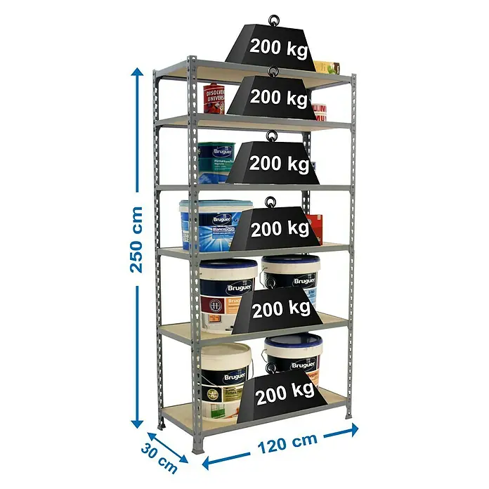Simonrack Maderclick Estantería metálica Megaplus - L x An x Al: 30 x 120 x 250 cm, Capacidad de carga: 200 kg/balda, Número de baldas: 6 ud., Inserción, Gris - Dibujo técnico