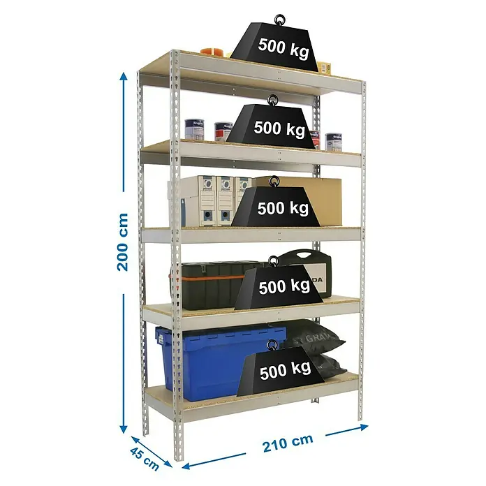 Simonrack Simonforte Estantería para cargas pesadas Chipboard - L x An x Al: 45 x 210 x 200 cm, Capacidad de carga: 500 kg/balda, Número de baldas: 5 ud., Galvanizado - Dibujo técnico
