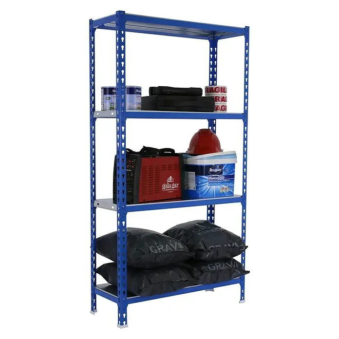 Simonrack Simonclick Estantería metálica Superplus - L x An x Al: 30 x 110 x 150 cm, Capacidad de carga: 200 kg/balda, Número de baldas: 4 ud., Inserción, Azul - Producto en uso