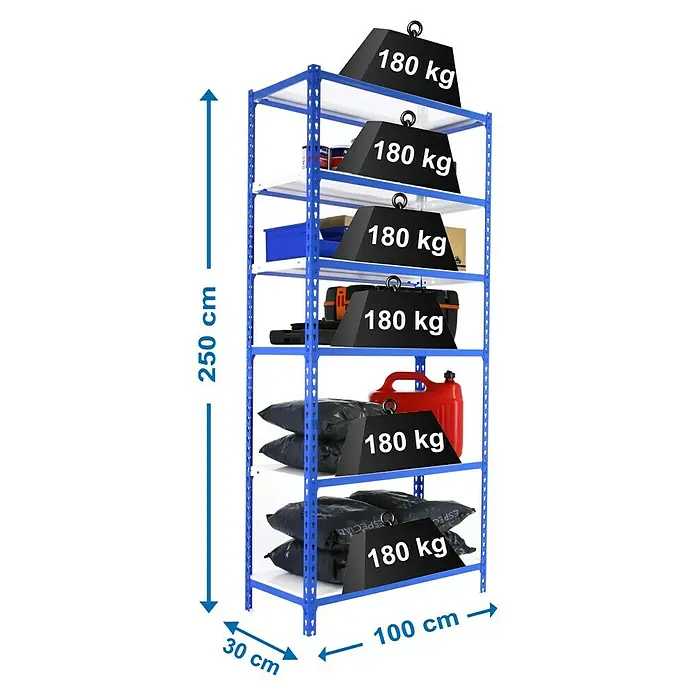 Simonrack Simonclick Estantería metálica Plus - L x An x Al: 30 x 100 x 250 cm, Capacidad de carga: 180 kg/balda, Número de baldas: 6 ud., Inserción, Azul/Blanco - Dibujo técnico