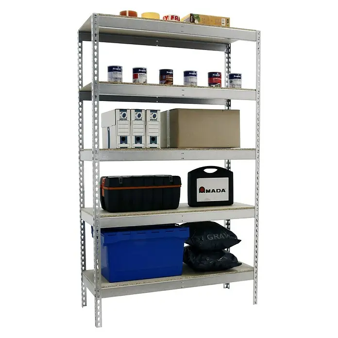 Simonrack Simonforte Estantería para cargas pesadas Chipboard - L x An x Al: 45 x 150 x 300 cm, Capacidad de carga: 600 kg/balda, Número de baldas: 5 ud., Galvanizado - Producto en uso