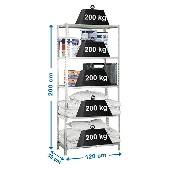 Simonrack Maderclick Estantería metálica Megaplus - L x An x Al: 50 x 120 x 200 cm, Capacidad de carga: 200 kg/balda, Número de baldas: 5 ud., Inserción, Galvanizado - Dibujo técnico