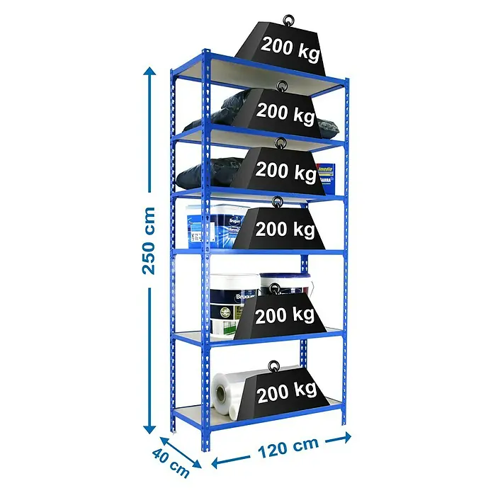 Simonrack Maderclick Estantería metálica Megaplus - L x An x Al: 40 x 120 x 250 cm, Capacidad de carga: 200 kg/balda, Número de baldas: 6 ud., Inserción, Azul - Dibujo técnico