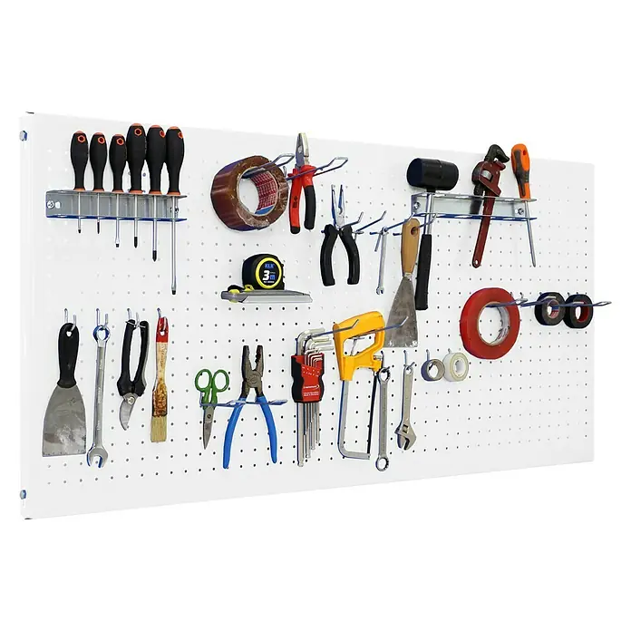 Simonrack Panelclick Panel perforado con 22 ganchos y 3 accesorios - L x An: 150 x 60 cm, Blanco - Producto en uso