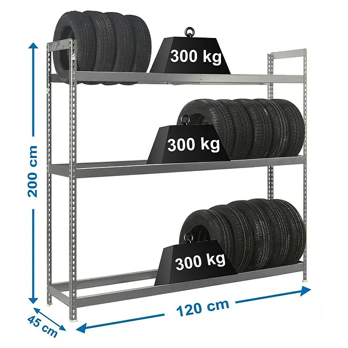 Simonrack Simonauto Estantería para neumáticos Autoforte - L x An x Al: 45 x 120 x 200 cm, Capacidad de carga: 300 kg/balda, Número de baldas: 3 ud., Galvanizado - Dibujo técnico
