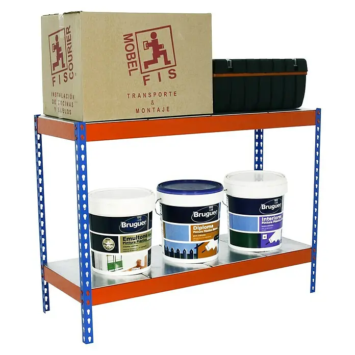 Simonrack Ecoforte Estructura de estantería Metal - L x An x Al: 75 x 150 x 90 cm, Capacidad de carga: 400 kg/balda, Número de baldas: 2 ud., Azul/Naranja - Producto en uso
