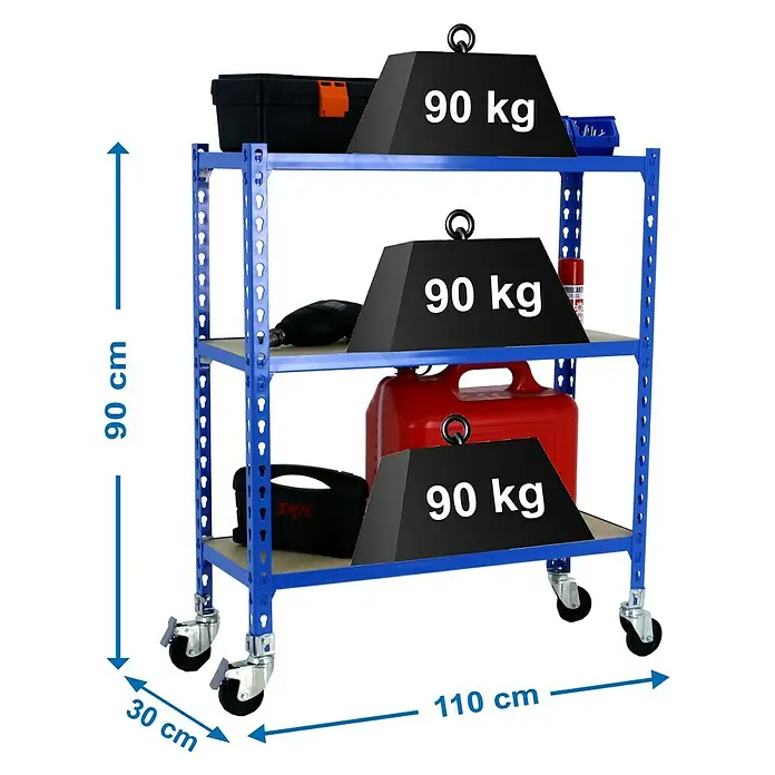 Simonrack Maderclick Estantería metálica Mobile Superplus - L x An x Al: 30 x 110 x 97,5 cm, Capacidad de carga: 75 kg/balda, Número de baldas: 3 ud., Inserción, Azul - Dibujo técnico