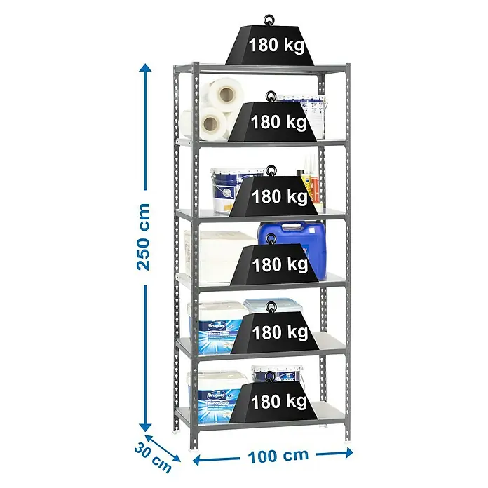 Simonrack Simonclick Estantería metálica Plus - L x An x Al: 30 x 100 x 250 cm, Capacidad de carga: 180 kg/balda, Número de baldas: 6 ud., Inserción, Gris - Dibujo técnico