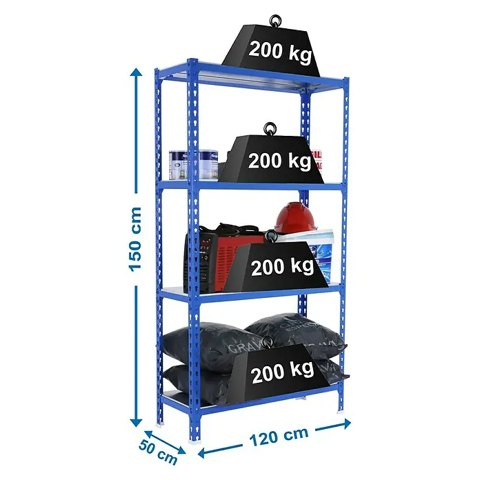 Simonrack Simonclick Estantería metálica Megaplus - L x An x Al: 50 x 120 x 150 cm, Capacidad de carga: 200 kg/balda, Número de baldas: 4 ud., Inserción, Azul - Dibujo técnico