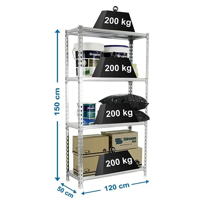Simonrack Simonclick Estantería metálica Megaplus - L x An x Al: 50 x 120 x 150 cm, Capacidad de carga: 200 kg/balda, Número de baldas: 4 ud., Inserción, Galvanizado - Dibujo técnico