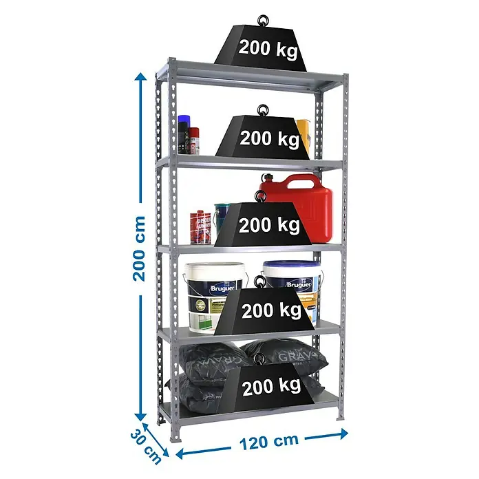 Simonrack Simonclick Estantería metálica Megaplus - L x An x Al: 30 x 120 x 200 cm, Capacidad de carga: 200 kg/balda, Número de baldas: 5 ud., Inserción, Gris - Dibujo técnico