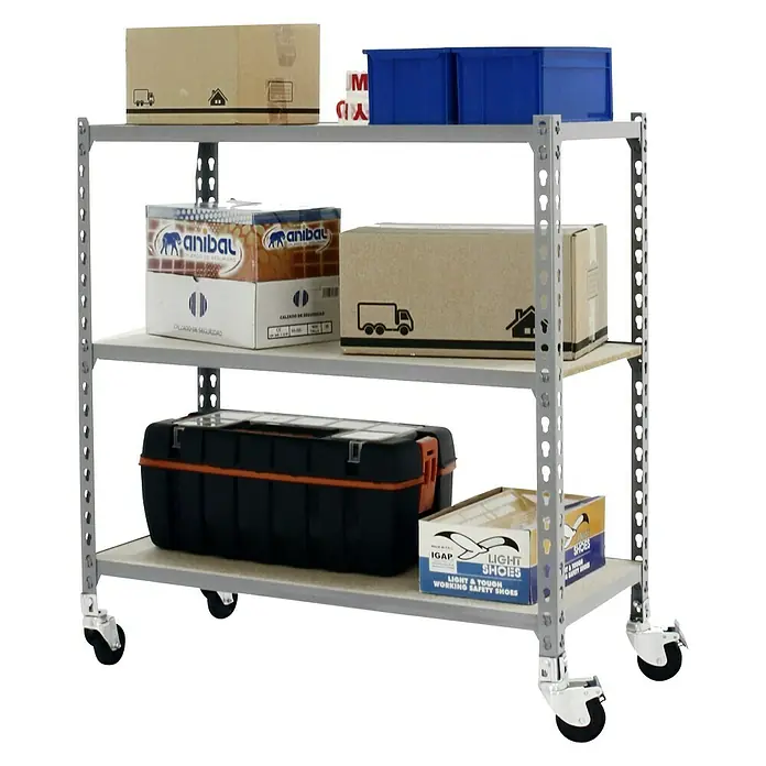 Simonrack Maderclick Estantería metálica Mobile Mini - L x An x Al: 50 x 80 x 97,5 cm, Capacidad de carga: 75 kg/balda, Número de baldas: 3 ud., Inserción, Gris - Producto en uso