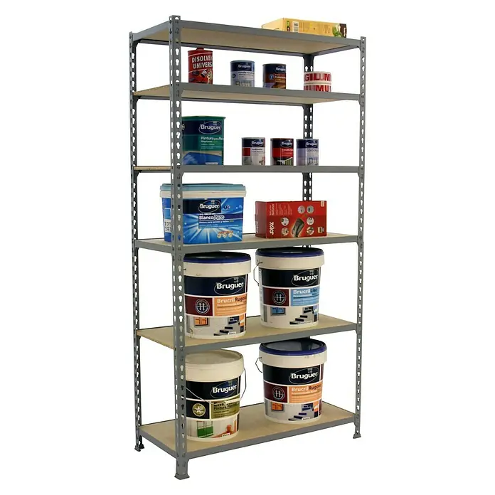 Simonrack Maderclick Estantería metálica Mini - L x An x Al: 30 x 80 x 250 cm, Capacidad de carga: 150 kg/balda, Número de baldas: 6 ud., Gris - Producto en uso