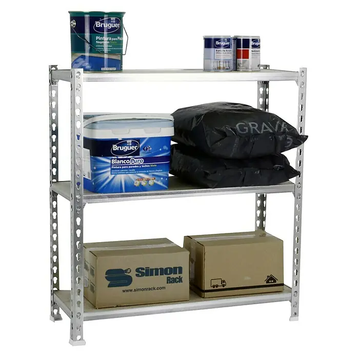 Simonrack Maderclick Estantería metálica Superplus - L x An x Al: 50 x 110 x 100 cm, Capacidad de carga: 200 kg/balda, Número de baldas: 3 ud., Inserción, Galvanizado - Producto en uso