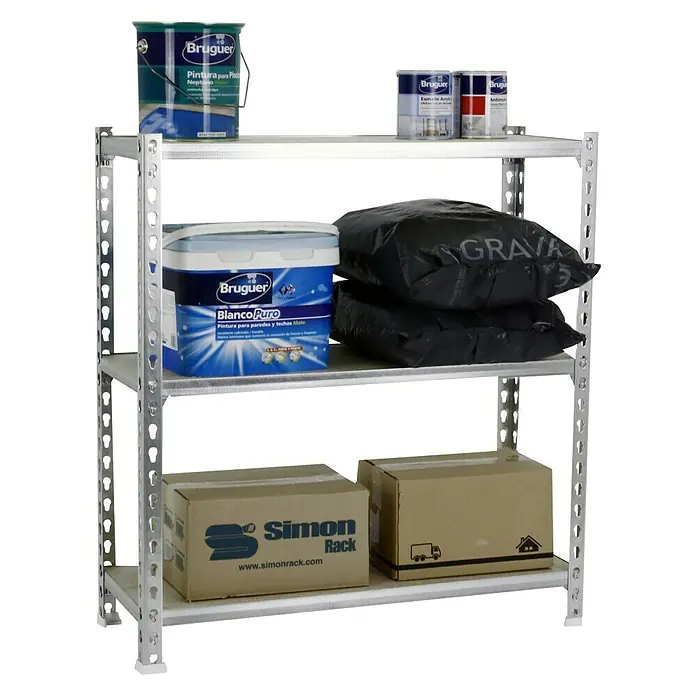 Simonrack Maderclick Estantería metálica Megaplus - L x An x Al: 40 x 120 x 90 cm, Capacidad de carga: 200 kg/balda, Número de baldas: 3 ud., Inserción, Galvanizado - Producto en uso