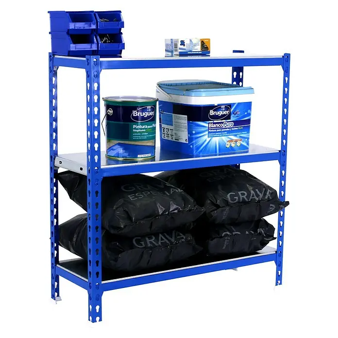 Simonrack Simonclick Estantería metálica Plus - L x An x Al: 30 x 100 x 90 cm, Capacidad de carga: 180 kg/balda, Número de baldas: 3 ud., Inserción, Azul - Producto en uso