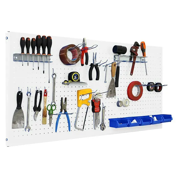 Simonrack Panelclick Panel perforado con 22 ganchos y 8 accesorios - L x An: 120 x 60 cm, Blanco - Producto en uso