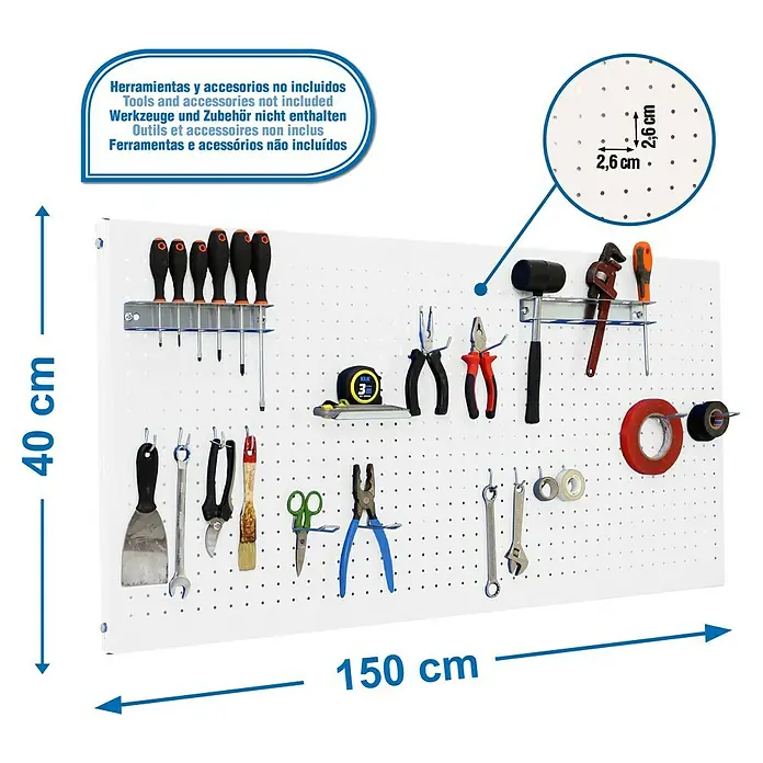 Simonrack Panelclick Panel perforado con 14 ganchos - L x An: 150 x 40 cm, Blanco - Dibujo técnico