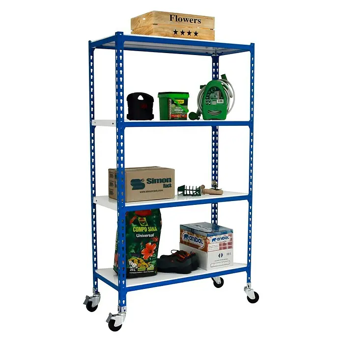 Simonrack Simonclick Estantería metálica Mobile Mini - L x An x Al: 50 x 80 x 157,5 cm, Capacidad de carga: 75 kg/balda, Número de baldas: 4 ud., Inserción, Azul/Blanco - Vista angular