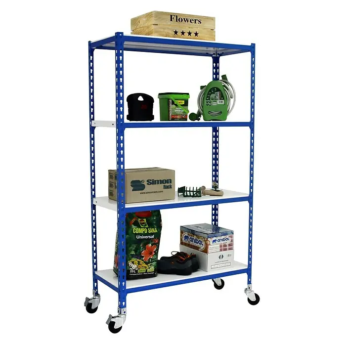 Simonrack Simonclick Estantería metálica Mobile - L x An x Al: 30 x 90 x 157,5 cm, Capacidad de carga: 75 kg/balda, Número de baldas: 4 ud., Inserción, Azul/Blanco - Producto en uso